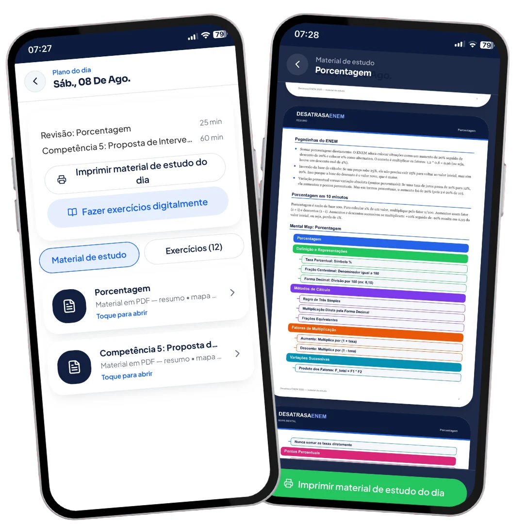Tela de materiais de estudo do APP Desatrasa ENEM 2026